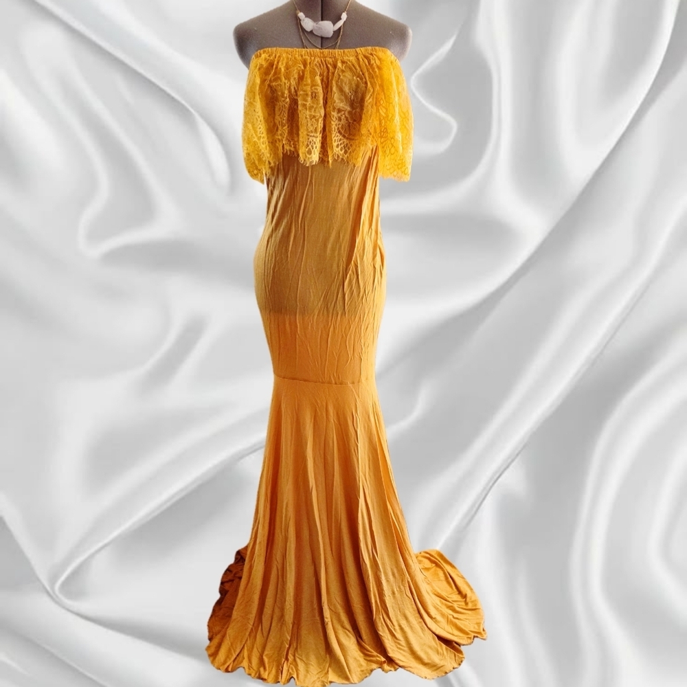 Elegant Off-Shoulder Mustard Yellow Lace Ruffle Maxi Dress